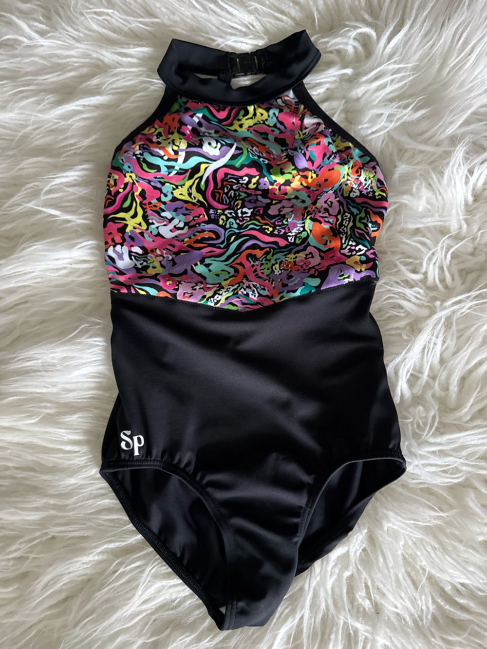 Sylvia P Black High Neck Leotard Multicolor Abstract Top
